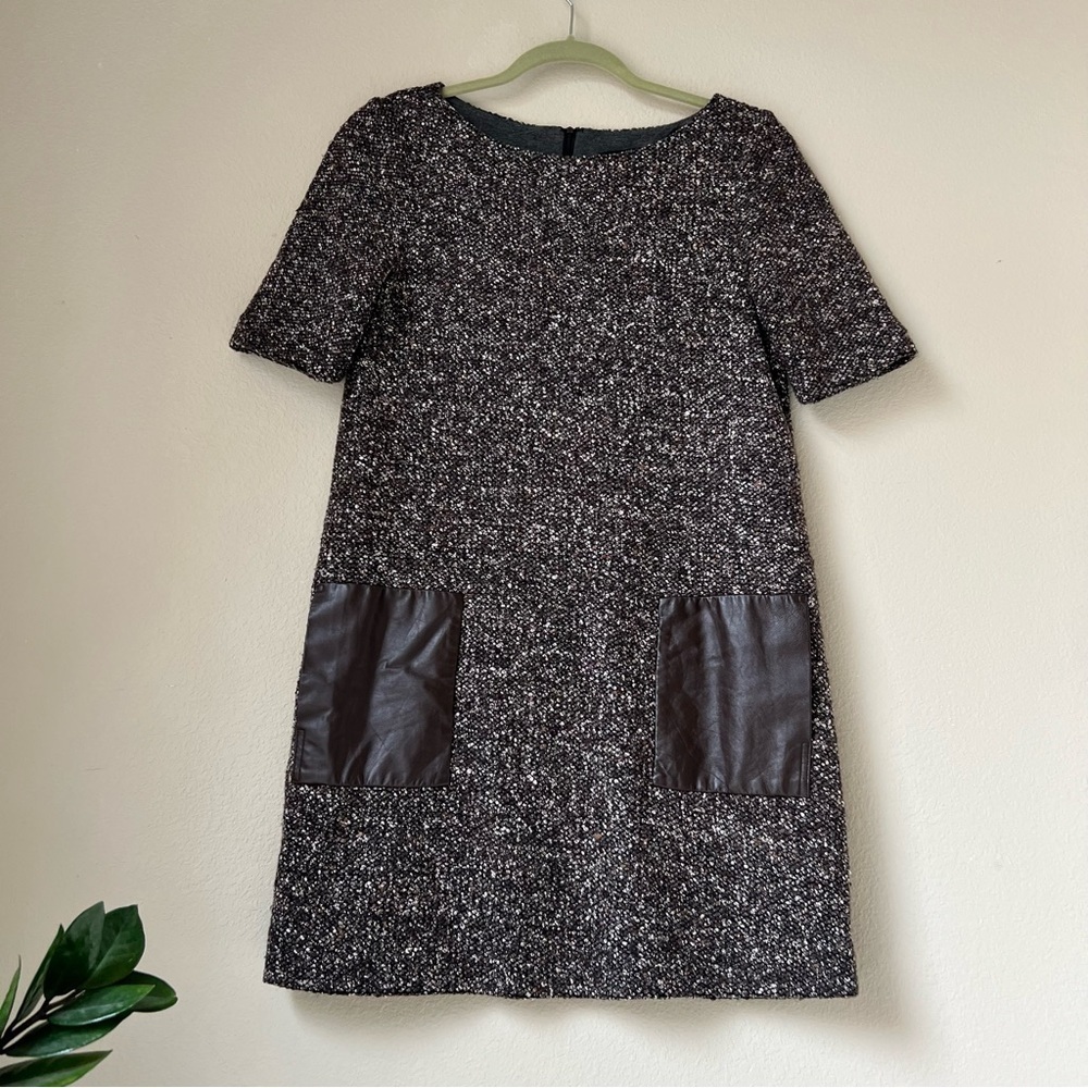 Tibi Brown Tweed Dress with Brown Leather pockets, size S